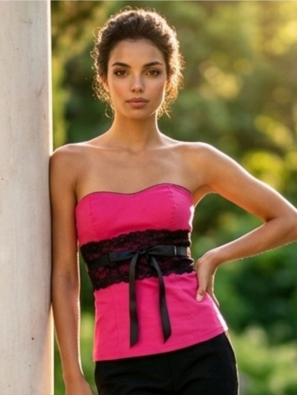 Body Central Hot Pink Strapless Corset Top with Black Lace Accent - Picture 10 of 10